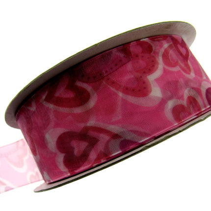 Organza Ribbon with Red and Pink Love Hearts for Valentines Day - 5m x 38mm
