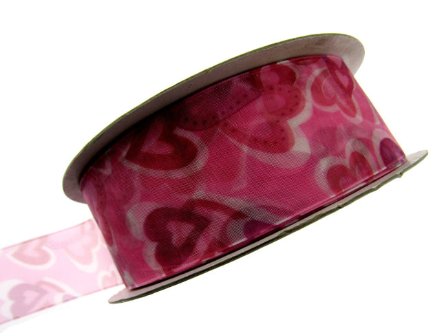 Organza Ribbon with Red and Pink Love Hearts for Valentines Day - 5m x 38mm