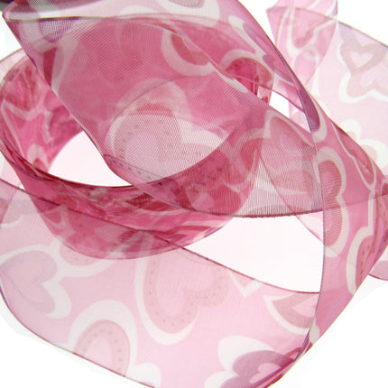 Organza Ribbon with Red and Pink Love Hearts for Valentines Day - 5m x 38mm