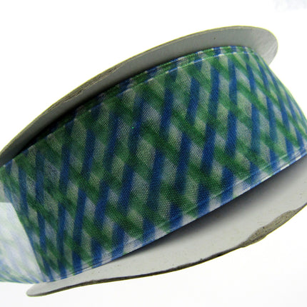 5m x 38mm Organza Ribbon with Blue and Green Diamond Weave - ThreadandTrimmings