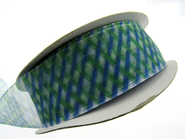 5m x 38mm Organza Ribbon with Blue and Green Diamond Weave - ThreadandTrimmings