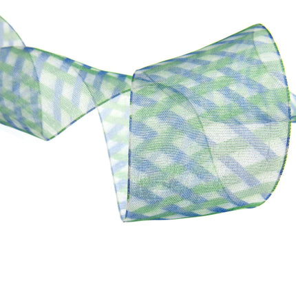 5m x 38mm Organza Ribbon with Blue and Green Diamond Weave - ThreadandTrimmings