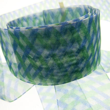 5m x 38mm Organza Ribbon with Blue and Green Diamond Weave - ThreadandTrimmings