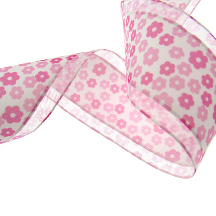 5m x 38mm Organza Ribbon with Pink Daisies