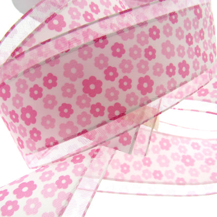 5m x 38mm Organza Ribbon with Pink Daisies