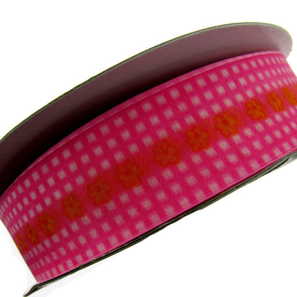 5m x 38mm Organza Ribbon in Pink Chequered Border and Yellow Daisy Centre Stripe