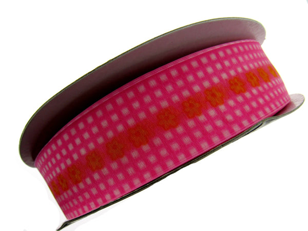 5m x 38mm Organza Ribbon in Pink Chequered Border and Yellow Daisy Centre Stripe