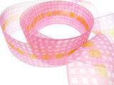 5m x 38mm Organza Ribbon in Pink Chequered Border and Yellow Daisy Centre Stripe