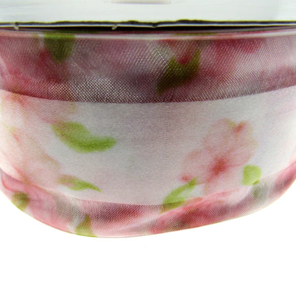 5m x 68mm Rose Pink Organza Ribbon with Pink Daisy on Central Satin Ribbon - ThreadandTrimmings