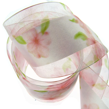 5m x 68mm Rose Pink Organza Ribbon with Pink Daisy on Central Satin Ribbon - ThreadandTrimmings