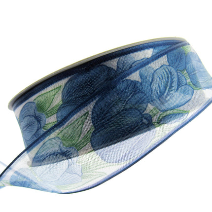 Wired Edge Organza Ribbon with Royal Blue Tulip & Green Leaves - 5m x 35mm - ThreadandTrimmings