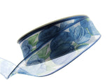 Wired Edge Organza Ribbon with Royal Blue Tulip & Green Leaves - 5m x 35mm