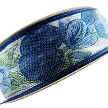 Wired Edge Organza Ribbon with Royal Blue Tulip & Green Leaves - 5m x 35mm - ThreadandTrimmings