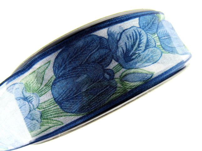 Wired Edge Organza Ribbon with Royal Blue Tulip & Green Leaves - 5m x 35mm - ThreadandTrimmings