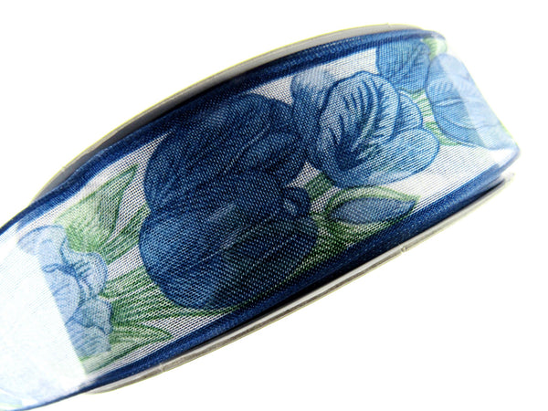 Wired Edge Organza Ribbon with Royal Blue Tulip & Green Leaves - 5m x 35mm