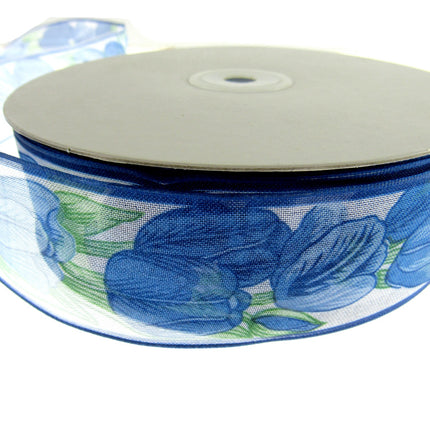 Wired Edge Organza Ribbon with Royal Blue Tulip & Green Leaves - 5m x 35mm - ThreadandTrimmings