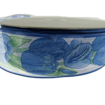 Wired Edge Organza Ribbon with Royal Blue Tulip & Green Leaves - 5m x 35mm - ThreadandTrimmings