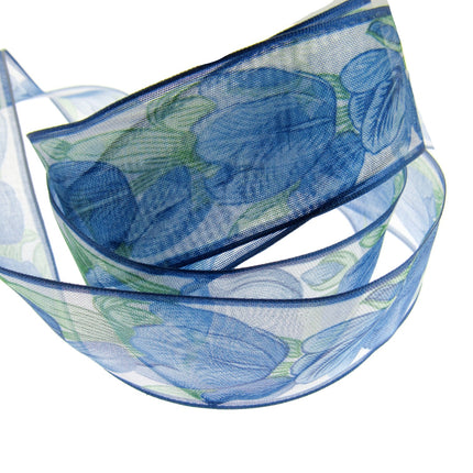 Wired Edge Organza Ribbon with Royal Blue Tulip & Green Leaves - 5m x 35mm - ThreadandTrimmings