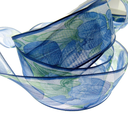 Wired Edge Organza Ribbon with Royal Blue Tulip & Green Leaves - 5m x 35mm - ThreadandTrimmings