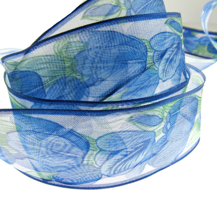 Wired Edge Organza Ribbon with Royal Blue Tulip & Green Leaves - 5m x 35mm - ThreadandTrimmings