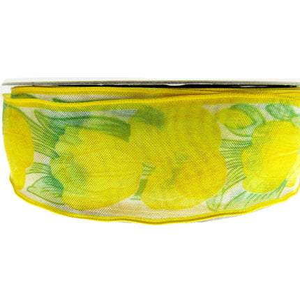 Wired Edge Organza Ribbon with Lemon Tulip & Green Leaves - 5m x 35mm - ThreadandTrimmings