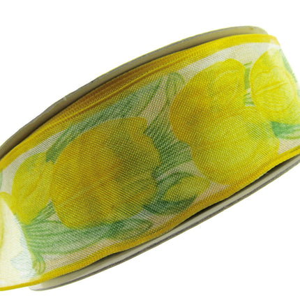 Wired Edge Organza Ribbon with Lemon Tulip & Green Leaves - 5m x 35mm - ThreadandTrimmings