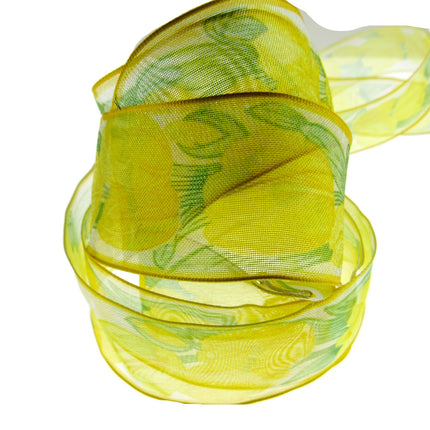 Wired Edge Organza Ribbon with Lemon Tulip & Green Leaves - 5m x 35mm - ThreadandTrimmings