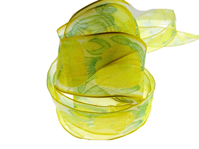 Wired Edge Organza Ribbon with Lemon Tulip & Green Leaves - 5m x 35mm - ThreadandTrimmings