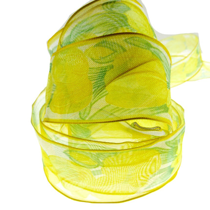 Wired Edge Organza Ribbon with Lemon Tulip & Green Leaves - 5m x 35mm - ThreadandTrimmings
