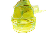 Wired Edge Organza Ribbon with Lemon Tulip & Green Leaves - 5m x 35mm