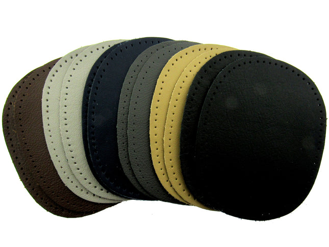 A collection of various colored nappa leather patches designed for sew-on applications on elbows and knees.