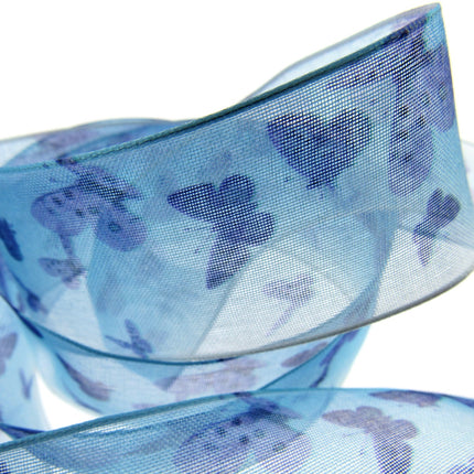 Wired Edge Organza Ribbon with Purple and Blue Butterfly's 5m x 38mm NRBC5575 - ThreadandTrimmings