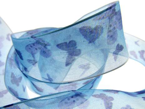 Wired Edge Organza Ribbon with Purple and Blue Butterfly's 5m x 38mm NRBC5575 - ThreadandTrimmings