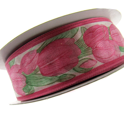 Wired Edge Organza Ribbon with Cerise Tulip & Green Leaves - 5m x 35mm - ThreadandTrimmings