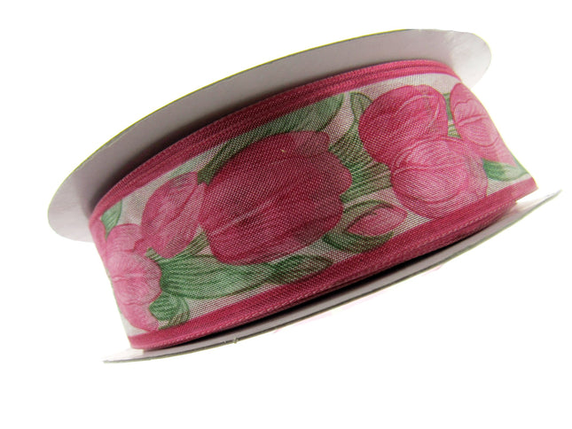 Wired Edge Organza Ribbon with Cerise Tulip & Green Leaves - 5m x 35mm - ThreadandTrimmings