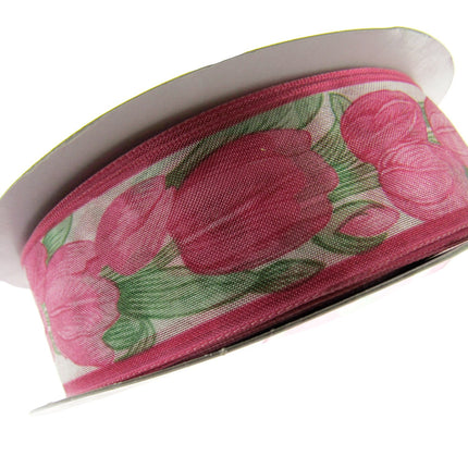 Wired Edge Organza Ribbon with Cerise Tulip & Green Leaves - 5m x 35mm - ThreadandTrimmings