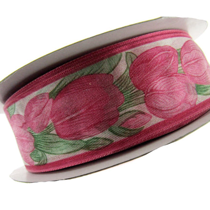 Wired Edge Organza Ribbon with Cerise Tulip & Green Leaves - 5m x 35mm - ThreadandTrimmings