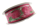 Wired Edge Organza Ribbon with Cerise Tulip & Green Leaves - 5m x 35mm
