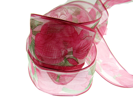 Wired Edge Organza Ribbon with Cerise Tulip & Green Leaves - 5m x 35mm - ThreadandTrimmings