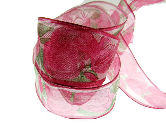 Wired Edge Organza Ribbon with Cerise Tulip & Green Leaves - 5m x 35mm - ThreadandTrimmings
