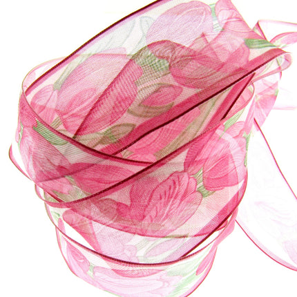 Wired Edge Organza Ribbon with Cerise Tulip & Green Leaves - 5m x 35mm - ThreadandTrimmings
