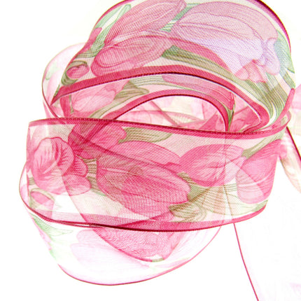 Wired Edge Organza Ribbon with Cerise Tulip & Green Leaves - 5m x 35mm - ThreadandTrimmings