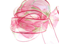 Wired Edge Organza Ribbon with Cerise Tulip & Green Leaves - 5m x 35mm