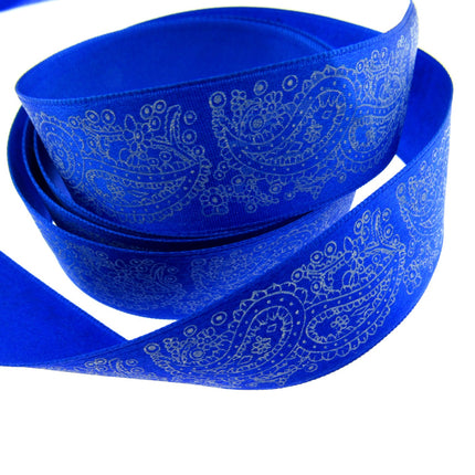 Royal Satin Ribbon with Printed Paisley Design / Cake Trim 5m x 25mm  (madeus) - ThreadandTrimmings