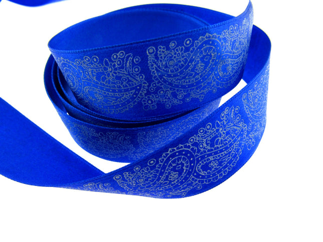 Royal Satin Ribbon with Printed Paisley Design / Cake Trim 5m x 25mm  (madeus) - ThreadandTrimmings