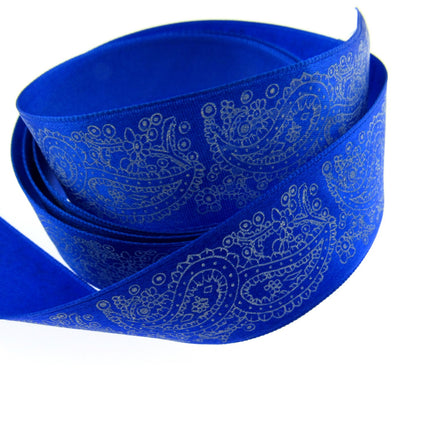 Royal Satin Ribbon with Printed Paisley Design / Cake Trim 5m x 25mm  (madeus) - ThreadandTrimmings