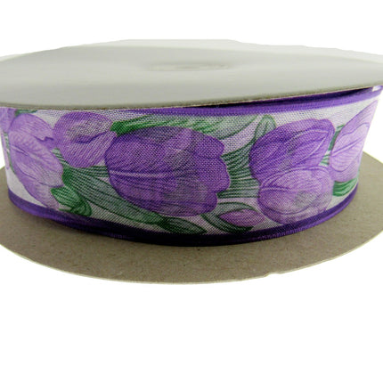 Wired Edge Organza Ribbon with Majenta Tulip & Green Leaves - 5m x 35mm