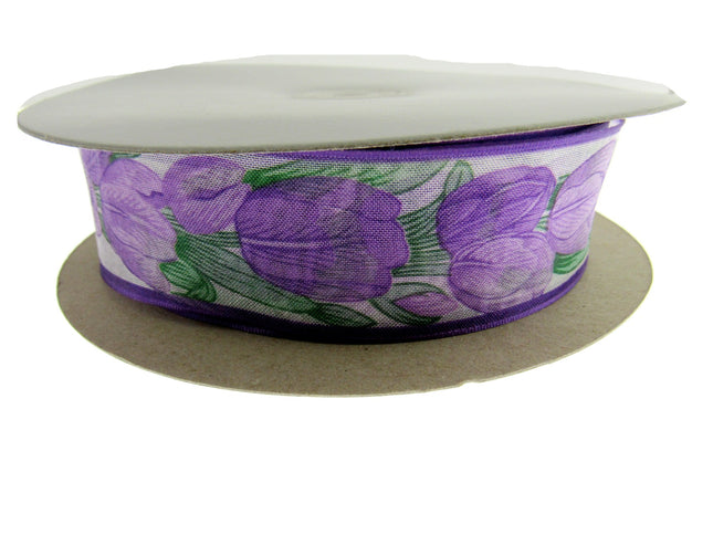 Wired Edge Organza Ribbon with Majenta Tulip & Green Leaves - 5m x 35mm