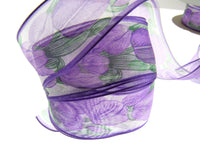 Wired Edge Organza Ribbon with Majenta Tulip & Green Leaves - 5m x 35mm