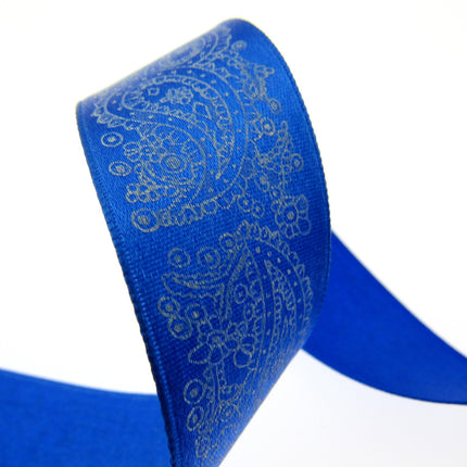 Royal Satin Ribbon with Printed Paisley Design / Cake Trim 5m x 25mm  (madeus) - ThreadandTrimmings